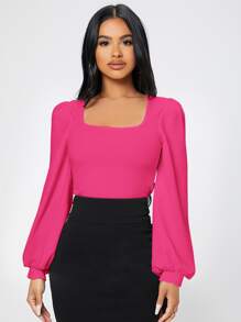 SHEIN PETITE Áo thun nữ màu trơn Thanh lịch - Màu Hồng Tươi - Xem 6