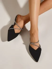 Giày đế bằng mũi nhọn đính đá Rhinestone Decor, Giày đế bằng màu trơn đính đá Rhinestone Decor dự tiệc cho nữ ngày lễ tình nhân - màu đen - Xem 1