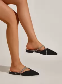 Giày đế bằng mũi nhọn đính đá Rhinestone Decor, Giày đế bằng màu trơn đính đá Rhinestone Decor dự tiệc cho nữ ngày lễ tình nhân - màu đen - Xem 3