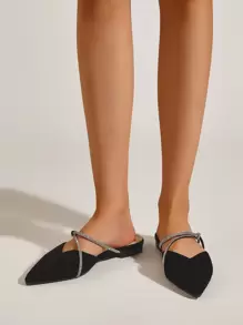 Giày đế bằng mũi nhọn đính đá Rhinestone Decor, Giày đế bằng màu trơn đính đá Rhinestone Decor dự tiệc cho nữ ngày lễ tình nhân - màu đen - Xem 4