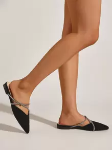 Giày đế bằng mũi nhọn đính đá Rhinestone Decor, Giày đế bằng màu trơn đính đá Rhinestone Decor dự tiệc cho nữ ngày lễ tình nhân - màu đen - Xem 5