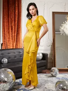 SHEIN Belle 泡泡袖交叉領側垂洋裝 - 芥末黃 - 查看 4