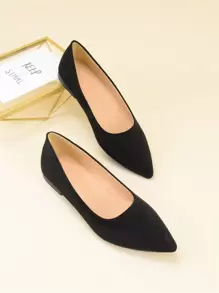 Suedette Point Toe Flats - Black - View 1