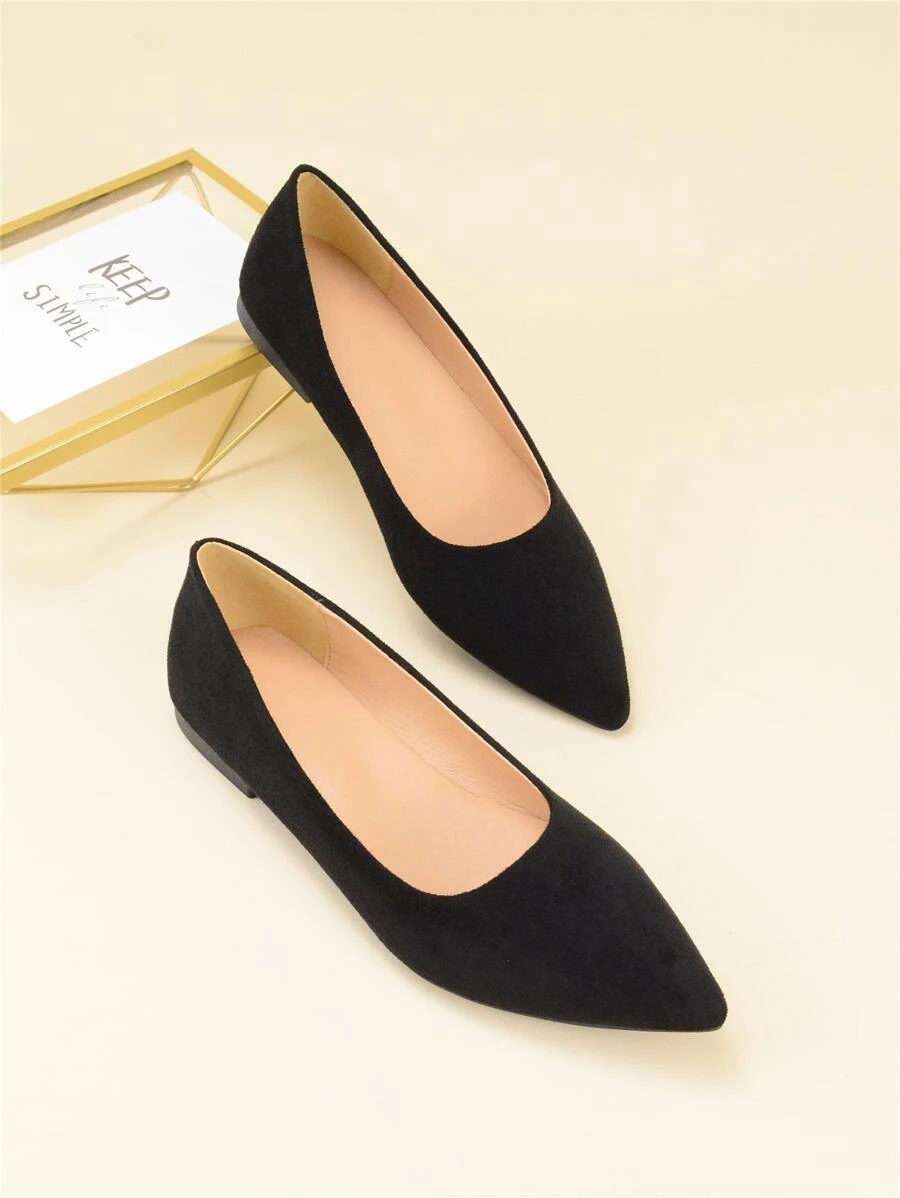 Suedette Point Toe Flats - Black - View 1