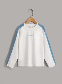 SHEIN 男孩字母圖案拼接面插肩袖T恤 - 白色 - 查看 1