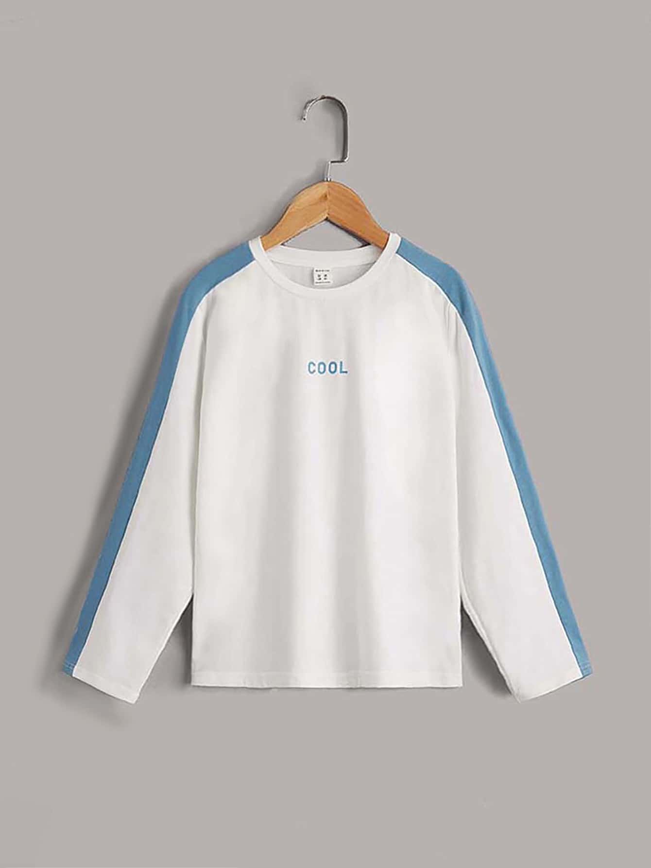 SHEIN 男孩字母圖案拼接面插肩袖T恤 - 白色 - 查看 1