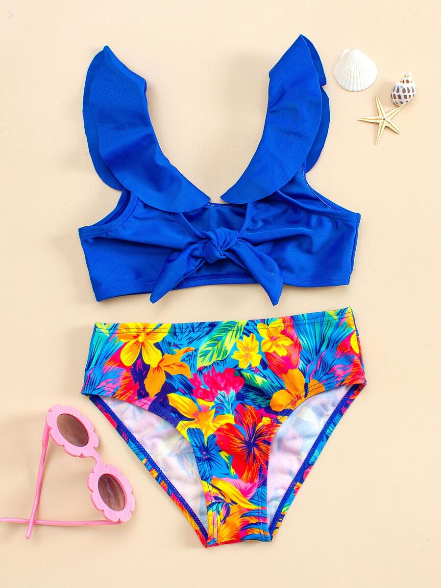 SHEIN Young Girl Floral Print Ruffle Trim Knot Bikini Set Summer Beach - Royal Blue - View 1