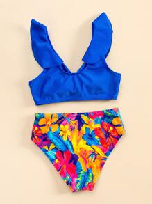 SHEIN Young Girl Floral Print Ruffle Trim Knot Bikini Set Summer Beach - Royal Blue - View 2
