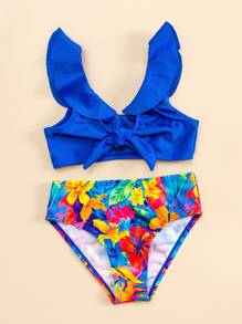 SHEIN Young Girl Floral Print Ruffle Trim Knot Bikini Set Summer Beach - Royal Blue - View 4