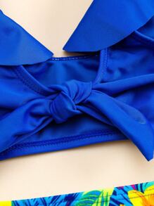 SHEIN Young Girl Floral Print Ruffle Trim Knot Bikini Set Summer Beach - Royal Blue - View 5