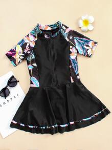 Tween Girl Tropical Print Zipper Front One Piece Swimsuit - Multicolor - View 1