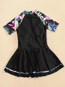 Tween Girl Tropical Print Zipper Front One Piece Swimsuit - Multicolor - View 2