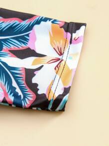 Tween Girl Tropical Print Zipper Front One Piece Swimsuit - Multicolor - View 3