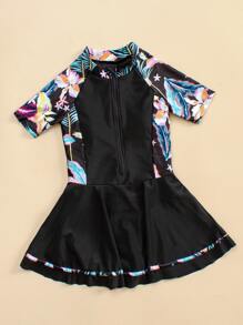 Tween Girl Tropical Print Zipper Front One Piece Swimsuit - Multicolor - View 5