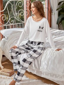 貓熊和格子圖案睡衣套裝 - 白色 - 查看 4