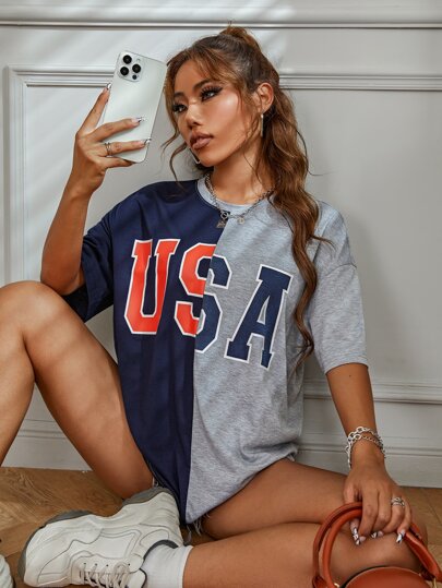 Colorblock Letter Graphic Drop Shoulder Tee