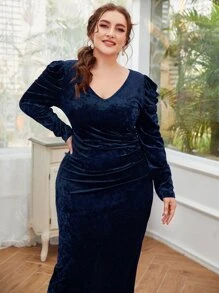 Plus Puff Sleeve Split Back Velvet Dress - Navy Blue - View 3