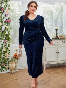 Plus Puff Sleeve Split Back Velvet Dress - Navy Blue - View 4