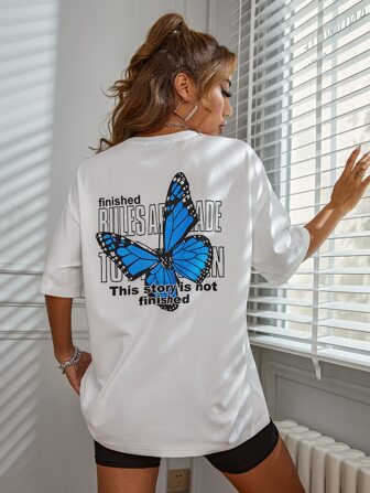 Butterfly And Slogan Graphic Drop Shoulder Tee Finished RULES ARE MADE TO BE This Story Is Not Finished Graphic Tees Women Tops