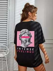 SHEIN Unity 复古做旧人头图案男女通用 T 恤 - 黑色 - 查看 4