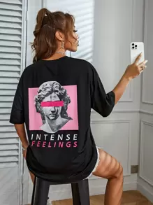 SHEIN Unity 复古做旧人头图案男女通用 T 恤 - 黑色 - 查看 5