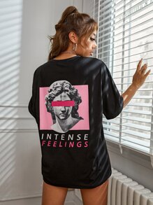 SHEIN Unity 复古做旧人头图案男女通用 T 恤 - 黑色 - 查看 6