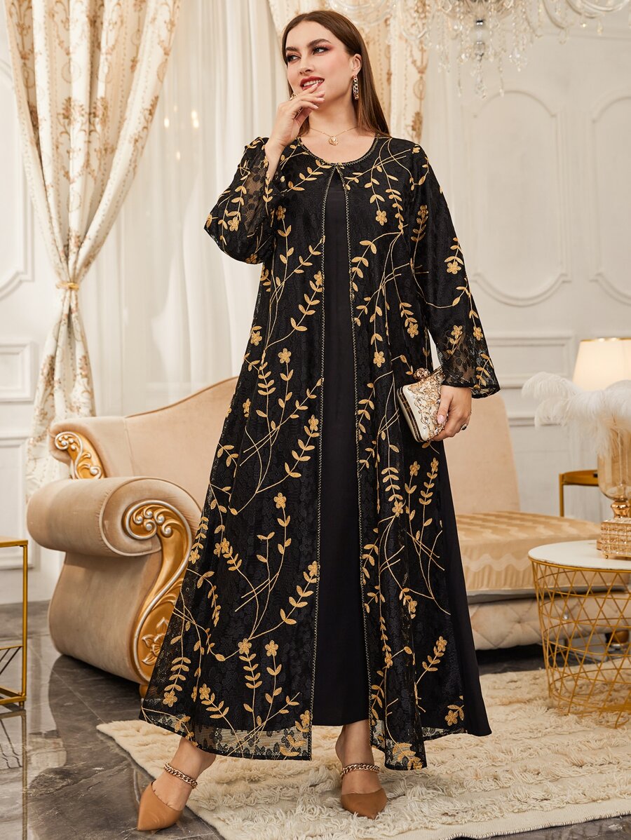 Al Najma Đầm Plus Size Tương phản ren Nghề thêu Hoa Khiêm tốn - màu đen - Xem 1