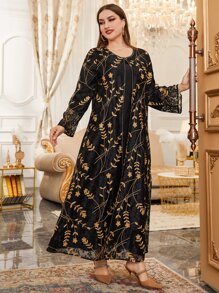 Al Najma Đầm Plus Size Tương phản ren Nghề thêu Hoa Khiêm tốn - màu đen - Xem 3