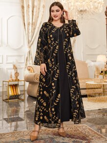 Al Najma Đầm Plus Size Tương phản ren Nghề thêu Hoa Khiêm tốn - màu đen - Xem 4