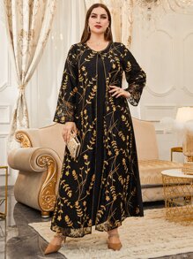 Al Najma Đầm Plus Size Tương phản ren Nghề thêu Hoa Khiêm tốn - màu đen - Xem 5