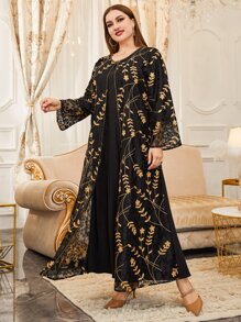 Al Najma Đầm Plus Size Tương phản ren Nghề thêu Hoa Khiêm tốn - màu đen - Xem 6