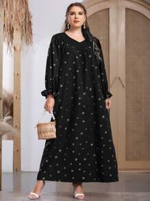 Plus Daisy Print Flounce Sleeve Dress - Black - View 1