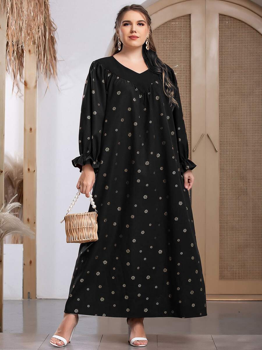 Plus Daisy Print Flounce Sleeve Dress - Black - View 1