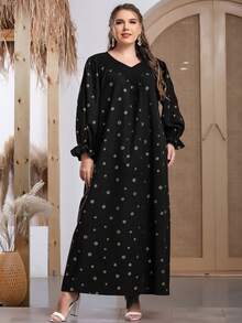 Plus Daisy Print Flounce Sleeve Dress - Black - View 3