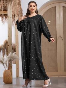 Plus Daisy Print Flounce Sleeve Dress - Black - View 4