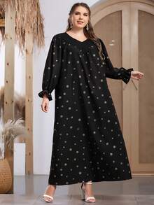 Plus Daisy Print Flounce Sleeve Dress - Black - View 5