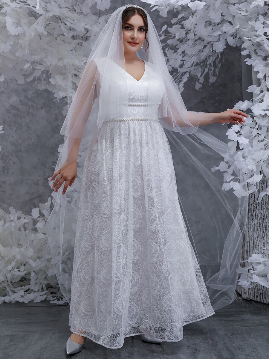 SHEIN Belle Plus Pearl Beaded Lace Wedding Dress With Veil - White - View 1