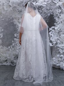 SHEIN Belle Plus Pearl Beaded Lace Wedding Dress With Veil - White - View 2