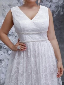 SHEIN Belle Plus Pearl Beaded Lace Wedding Dress With Veil - White - View 3