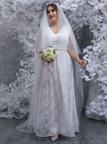 SHEIN Belle Plus Pearl Beaded Lace Wedding Dress With Veil - White - View 6