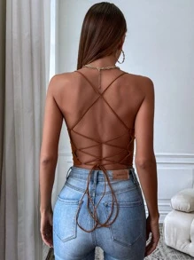 SHEIN SXY Backless Lace Up Crop Cami Top - Khaki - View 3