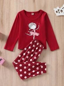 Camiseta para dormir con gráfico de figura de niña joven y pantalones para dormir a lunares - Rojo - Ver 1