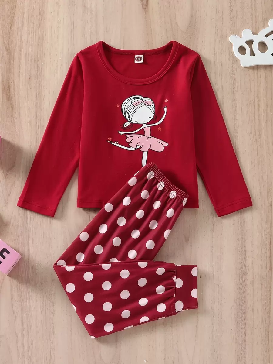 Camiseta para dormir con gráfico de figura de niña joven y pantalones para dormir a lunares - Rojo - Ver 1