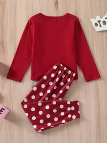 Camiseta para dormir con gráfico de figura de niña joven y pantalones para dormir a lunares - Rojo - Ver 2