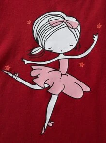 Camiseta para dormir con gráfico de figura de niña joven y pantalones para dormir a lunares - Rojo - Ver 3