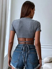 SHEIN SXY 素色交叉後綁帶短款上衣 - 淺灰色 - 查看 2