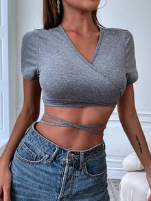 SHEIN SXY 素色交叉後綁帶短款上衣 - 淺灰色 - 查看 3