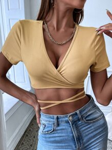 SHEIN SXY 素色交叉後綁帶短款上衣 - 杏色 - 查看 1