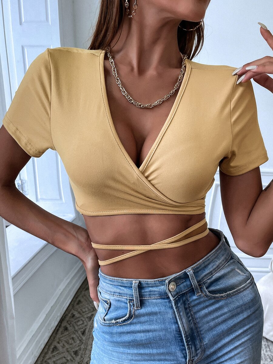 SHEIN SXY 素色交叉後綁帶短款上衣 - 杏色 - 查看 1