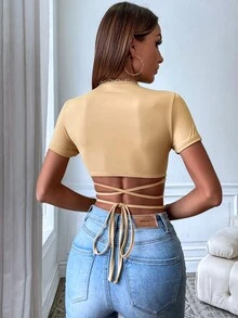 SHEIN SXY 素色交叉後綁帶短款上衣 - 杏色 - 查看 2